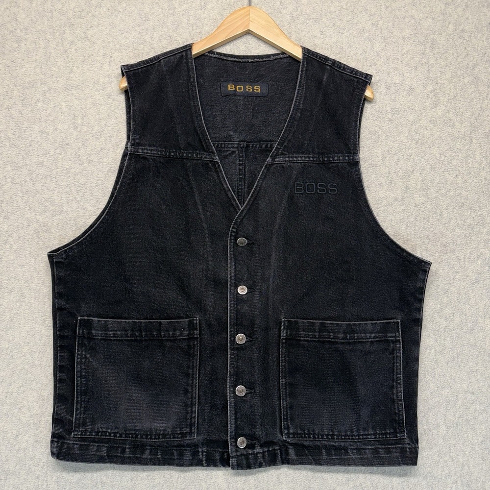 Vintage‎ BOSS Hugo Boss Black Denim Vest Embroidered Logo Made USA Size XL
